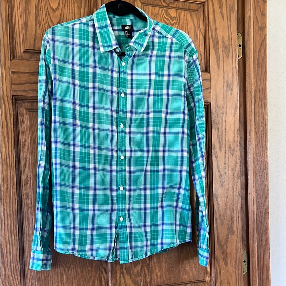 H&M Green and Blue Plaid Blouse
